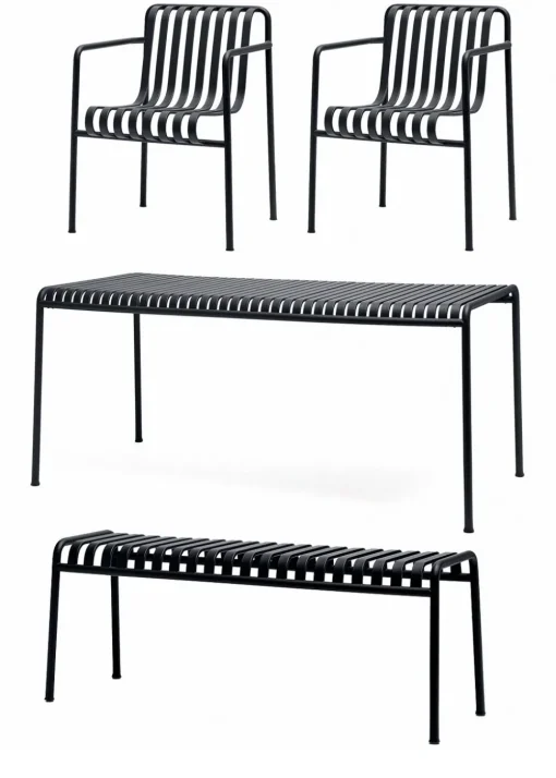 1 Palissade Bord , 2 Palissade Dining Armchair og 1 Palissade Bench