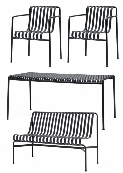 1 Palissade Bord , 2 Palissade Dining Armchair og 1 Palissade Dining Bench